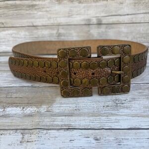 Leatherock Leather Belt 34 Brown Bronze Hexagon Studded Double Buckle Steampunk